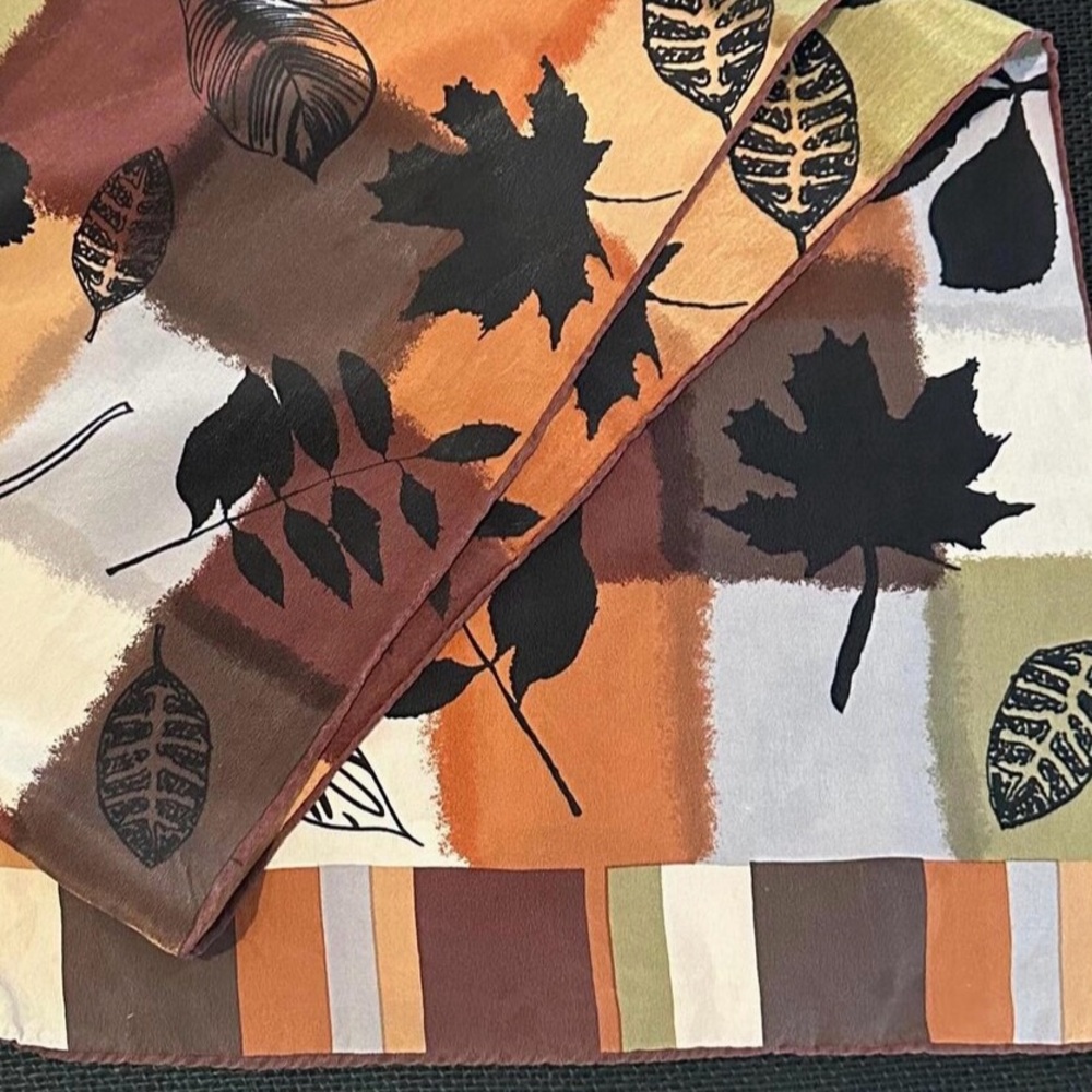 VTG HALSTON Silk Scarf Art to Wear Neutral Leaf Print Rolled Edge 13 x 56”